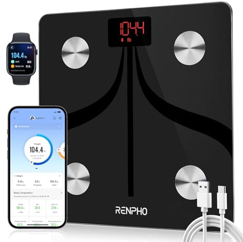 RENPHO Körperfettwaage Smarte, Wiederaufladbare Personenwaage Digital per USB-C, Personenwaage mit Körperfettanalyse mit App, 180 kg, Schwarz
