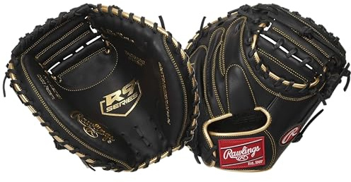 Rawlings Herren Baseball-Handschuh der R9-Serie, Größen 29,2 cm – 32,4 cm, 1-teiliges solides Netz, Schwarz/Gold, 32.5 | Catcher