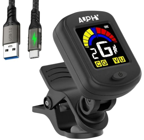 AT100 AUPHY Clip-on Stimmgerät Wiederaufladbares für Akustikgitarre Ukulele Violine Bass Banjo,Standard Chromatischer Stimmer mit Hellem Display für Anfänger konzipiert(Typ-C-Kabel nicht enthalten)