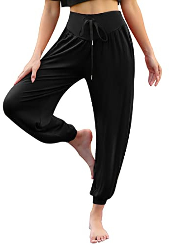Terecey Yogahose Damen Lang Baumwolle Haremshose Sommer Weich Pumphose Sporthose Pluderhose Oversize Freizeithose Jogginghose Pilates Hose mit Taschen, Schwarz M