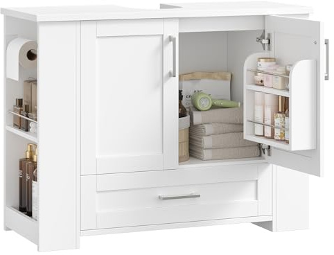 FOREHILL Waschbeckenunterschrank Unterschrank mit 2 Türen und 1 Schublade, Badezimmerschrank weiß mit offenen Fächern, Türfächer, Metallstange, 80x30x63,5cm
