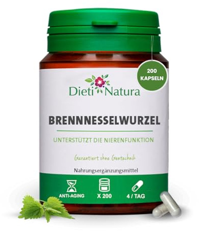 Dieti Natura Brennnesselwurzel 200 Kapseln – Brennnessel Extrakt zur Unterstützung der Nierenfunktion und Harnwege – Natürliches Diuretikum gegen nächtliche Beschwerden – Ohne Gentechnik