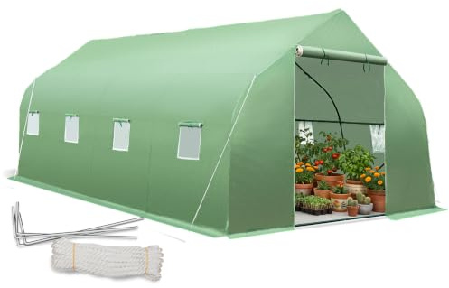 tectake® Gewächshaus Foliengewächshaus 18m² | 600 x 300 x 205 cm | Treibhaus mit 8 Fenster mit Fliegenschutzgitter, Folientunnel zur Überdachung, Tomatenhaus