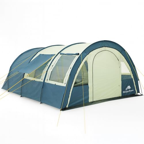 CampFeuer Zelt Multi für 4 Personen | 5000 mm Wassersäule | Blau/Sand | Tunnelzelt mit riesigem Vorraum, Campingzelt mit Bodenplane und versetzbarer Vorderwand | Gruppenzelt, Familienzelt