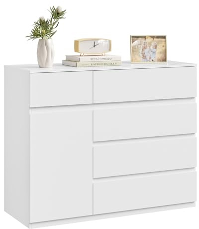 WOLTU Kommode weiß, mit 5 Schubladen, 1 Schranktür, Moderner Schubladenschrank mit Verstellbarer Ablage, für Wohnzimmer Schlafzimmer Flur, 100 x 80 x 40 cm