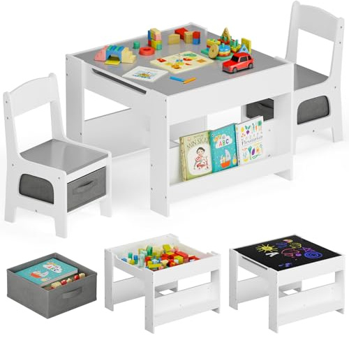 MAMIZO Kindertisch mit 2 Stühlen, 3 in 1 Kinder Tisch Stuhl Set,Kindermöbel | Kindersitzgruppe aus Holz mit Stauraum & Bücherregalen, Spieltisch, Maltisch, mit wendbarer Tischplatte, ab 3 Jahren, Grau