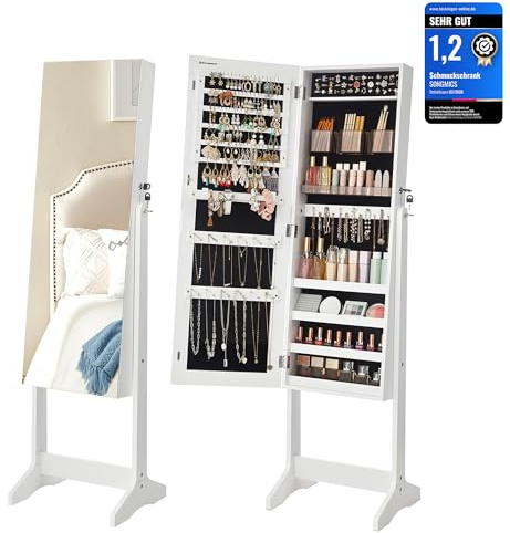 SONGMICS Schmuckschrank, Standspiegel, Spiegelschrank, 41,1x36,5x148,6 cm | Schmuckaufbewahrung aus MDF, für Ketten, Ohrringe, Armbänder, Tintenschwarz und Weiß, BERIT Kollektion JJC002W01