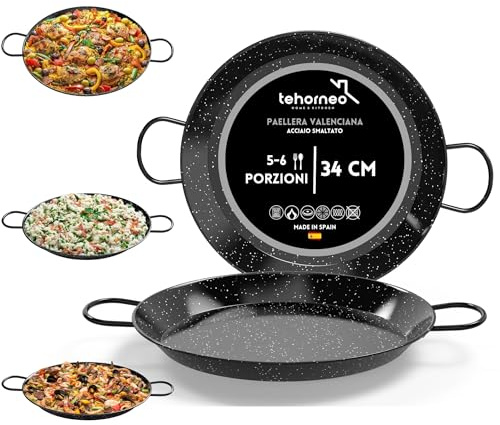TEHORNEO Paella Pfanne Induktion, Paella Pfanne 34 cm Emaillierter Stahl 5-6 Portionen, Paellapfanne, Paella Grill, Paellera Geeignet für Induktion, Feuer und Vitrokeramik