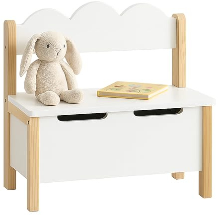 Relaxdays Kinderbank mit Stauraum, Deckel, Rückenlehne, HBT: 60 x 60 x 25 cm, Kinder Sitzbank, Kinderzimmer, weiß/Natur