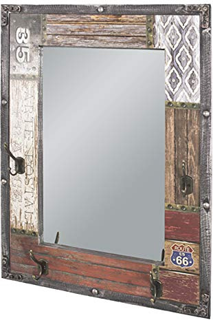 HAKU Wandgarderobe Wandgarderobenpaneel Hakengarderobe mit Motiv im Vintage-Style aus braunem MDF in Vintageoptik, schwarz lackiertem Metall und Spiegelglas, Maße: B 55 × H 75 × T 8 cm