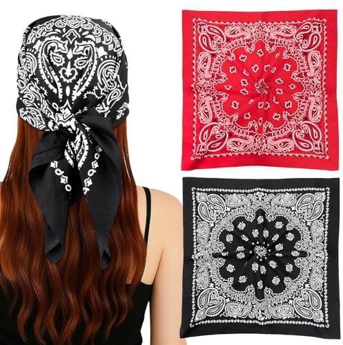 MELLIEX 2 Stück Bandana Kopftuch Herren Damen, Baumwolle Paisley Halstuch, Cowboy Nickituch, 70 x 70 cm, Schwarz und Rot