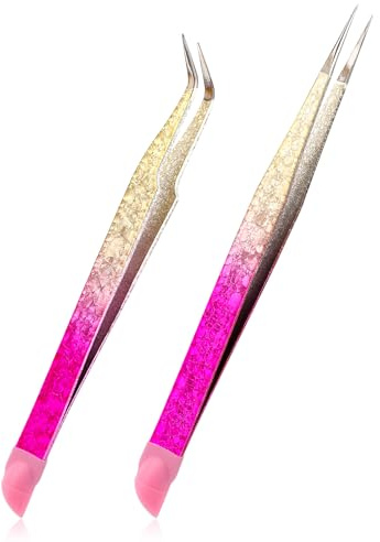 2 Stück Wimpern Pinzette für Lashes Wimpernverlängerung Pinzette Edelstahl Wimpernverlängerung Pinzetten Nägel Pinch Gebogene Gerade Wimpernzange für Lashes Nageldesign