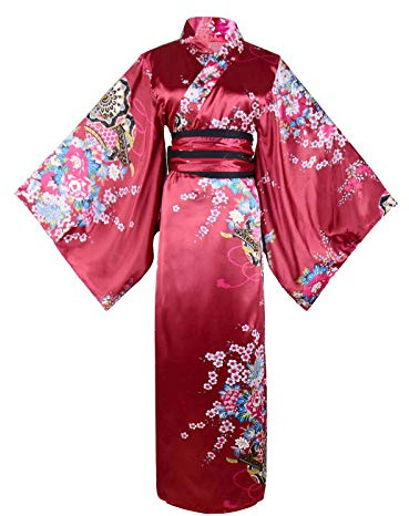 Wraith of East Kimono-Kostüm für Erwachsene, japanisches Geisha-Yukata-Blumenmuster, Bademantel, Nachtwäsche mit Obi-Gürtel, 30 lang weinrot, Large