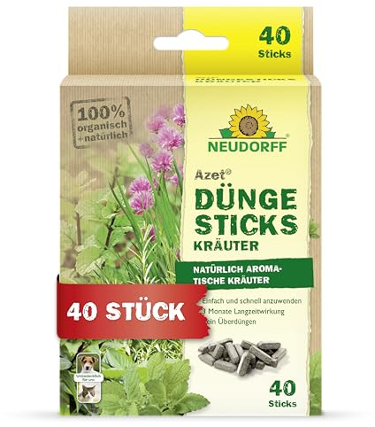 Neudorff Azet DüngeSticks für Kräuter – Bio Kräuterdünger sorgt für kräftiges Wachstum und aromatische Kräuter mit 2 Monaten Langzeitwirkung, 40 Stück, Braun