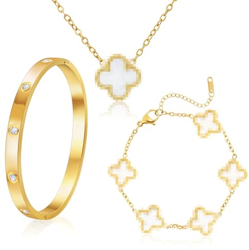 18K Vergoldet Vierblättriges Kleeblatt Armband, 18K Vergoldet Vierblättriges Kleeblatt Anhänger Halskette, Gold Armband Cubic Zirkonia Armreif, 3 PCS Schmuck Set für Geschenke Geburtstags (Gold)