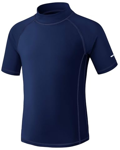 Kinder UV Shirt Kurzarm Jungen Badeshirt UPF 50+ Sonnenschutz Schwimmshirt Rashguard mit Reflektorstreifen Schnelltrocknend Chlorresistent Marineblau 11-12 Jahre