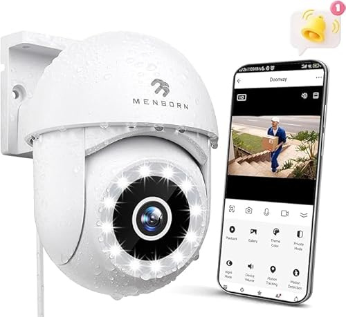 Menborn 2,5K Überwachungskamera Aussen, 2,4/5GHz Kamera Überwachung mit Flutlicht, 360° Sichtbereich IP Kamera mit Vollfarb-Nachtsicht, Automatischer Verfolgung, 2-Wege-Audio, Funktioniert mit Alexa