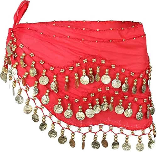 Kiuiom Damen Bauchtanz Gürtel,Chiffon Hüfttuch,Bauchtanz Hüfttuch,Belly Dance Hüfttuch Gürtel Belly Dance Karneval Kostüm Hip Scarf Wrap Bauchtanz Kostüm Münzgürtel Sequins Gürtel (Rot)