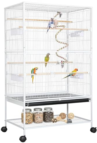LIFERUN Vogelkäfig groß, Vogelkäfig aus Metall, Vogelbauer mit 4 Rollen, Wellensittich käfig mit Futternapf, Käfigspielzeug, Spring-Schaukel für Vogel mit 2 Türen 4 Holzstangen, 132 x 78 x 52 cm