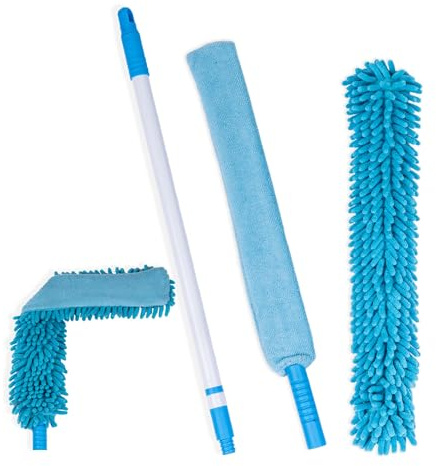 Teleskop-Staubwedel, Premium Staubwedel Lang ausziehbar bis 140 cm, extrem biegsam, Duster, Staubwischer, Waschbar, Staubfänger, Spinnenwebenentferner, inkl. 2 Microfaser-Bezügen, Flach-Wischer