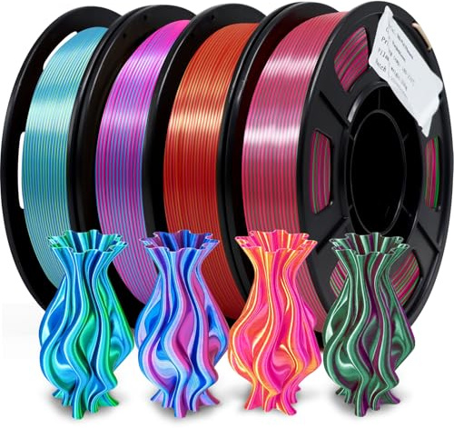 YOUSU Silk PLA 3D Drucker Filament Bundle, PLA Filament 1.75mm, Zweifarbige Filament, Silk Filament, Seide Blau Grün, Rosa Blau, Gold Rot, Grün Lila, 3D Druck Filament Bundle 250g*4 Spulen