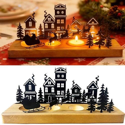 Adventskranz Kerzenhalter mit Holzsockel, längliche Weihnachtsdeko | Stimmungsvolles Licht- und Schattenspiel