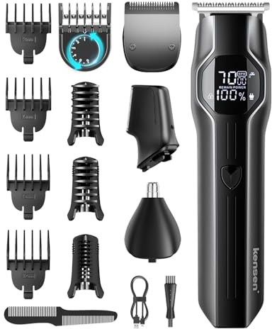12-in-1 Barttrimmer Herren, Haarschneider, Körperrasierer, Nasenhaarschneider, kensen Bartschneider Herren IPX7 Wasserdicht Bartrasierer 210Min LED-Anzeige USB-C Ganzkörper-Haarpflege 6000/7000RPM