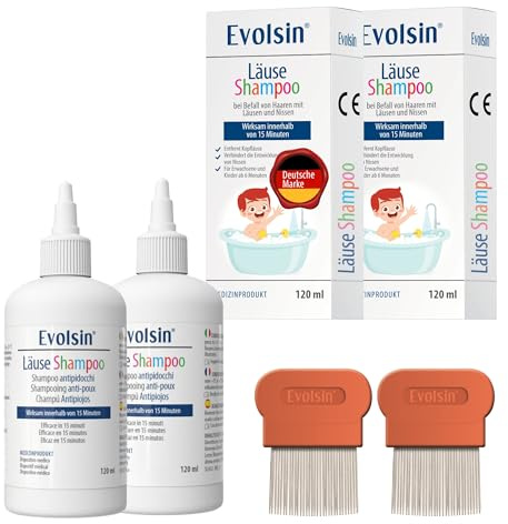 Evolsin® Läuseshampoo Doppelpack & 2 Läusekämmen für Erwachsene & Kinder ab 6 Monaten – bei Befall von Haaren mit Nissen & Kopfläusen – 240ml Läusemittel – wirkt in 15 Minuten