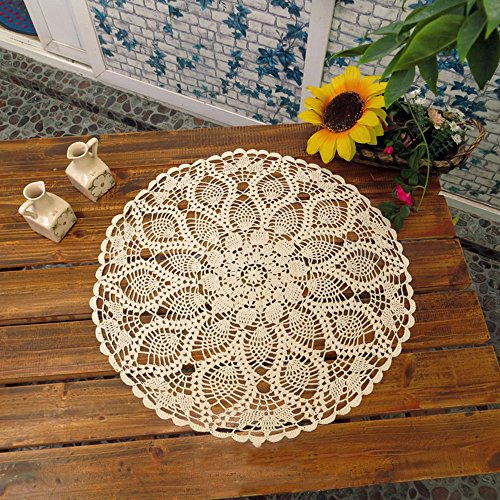 UHAPEER Handgefertigte Tischdecke Tischsets, Häkelmuster, Baumwolle mit Spitze, rund, 61 cm beige