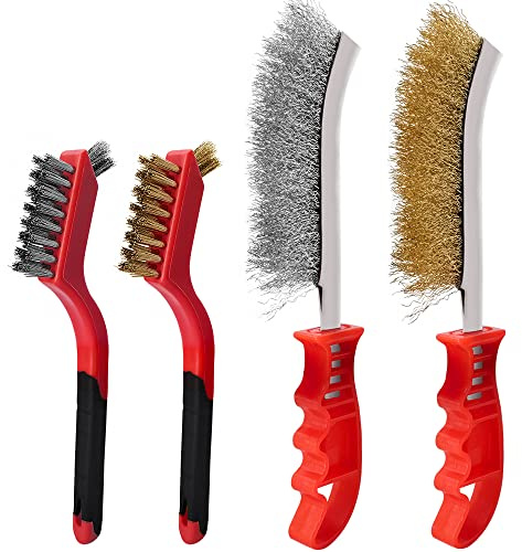 Handdrahtbürste-Set 4-teilig mit Edelstahlbürste Stahlbürste und Messingbürste, Drahtbürste klein zum Reinigen von Rost, Farbe und Schweißschlacke