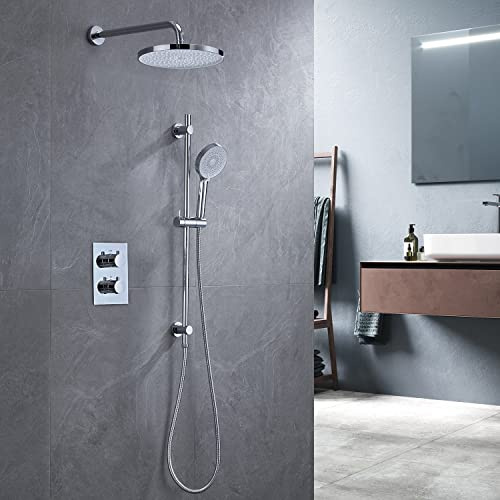 CREA Regendusche Unterputz Duschsystem mit Thermostat, Duscharmatur Unterputz mit Regendusche, Unterputzarmatur Dusche mit 2 Funktionen Handbrause, Duschamaturenset Thermostat mit Brausestange, Chrom