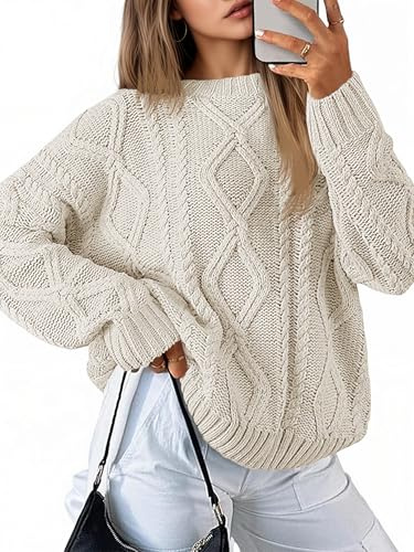 Saodimallsu Strickpullover Damen Oversized Grobstrick Zopfstrick Pullover Rundhals Langarm Einfarbig Oberteile Elegant Cable Knit Pulli Casual Lose Winter Sweatshirt