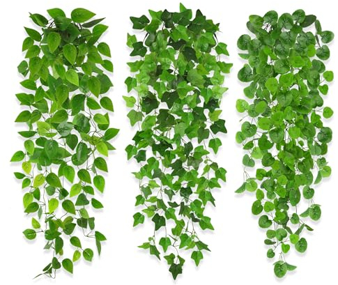 ROLLWAY 3 Stück künstliche Hängepflanzen 100cm, Kunstpflanze Hängend efeu künstlich Pflanzen wie Echt Plastikpflanzen Kunststoff Grünpflanze Balkonpflanzen unechte Rebe für Outdoor Garten Balkon