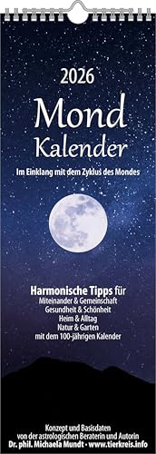 Alpha Edition - Mondkalender 2026 – Streifenplaner 14,85×42 cm mit 100-jährigem Kalender & Alltagstipps, minutengenauen Mondphasen, dekorativer Wandkalender für Haushalt & Garten