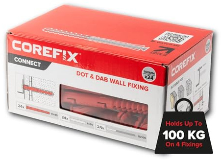 Corefix 100mm Dot & Dab Wandbefestigung Für Gipskarton Auf Mauerwerk | Rigips Dübel Schwere Lasten | Set Mit Schrauben Für TV Regale Heizkörper | 24 Stück