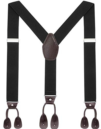 WELROG Herren Hosenträger breit mit Leder Knopfloch - Elastische und verstellbare Länge Y Form mit 6 Tasten für Herren (Schwarz)