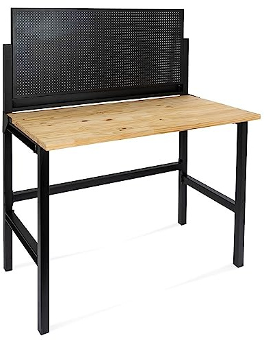 HEMMDAL Werkbank mit Lochrückwand | 150 kg Tragkraft | HxBxT 142 x 121,5 x 64,6 cm | 2,5 cm Starke geölte Holzplatte | klappbar | stabiles Stahlgestell | Profi-Arbeitstisch für Enge Räume