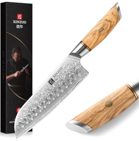 XINZUO Damaststahl 18.2cm Santokumesser, scharf Kochmesser 73 Schichten Damastpulverstahl profi Küchenmesser Chefmesser-mit ergonomischer Olivenholz Griff -Lan Series