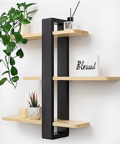 SUMGAR Wandregal Holz, Schweberegale, Hängeregal Größer, Praktische Dreistöckig Dekorative Regale aus Massive Holz für Wohnzimmer Schlafzimmer, Abnehmbarer Bretter, 50x58cm