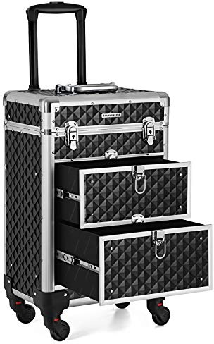 SONGMICS Kosmetikkoffer Trolley, Schminkkoffer 2 Schubladen, Friseurkoffer groß, Make-up Koffer, 34 x 24 x 56 cm, Rollen 360° drehbar, Reisen, Friseure, Geschenkidee, schwarz JHZ08BK