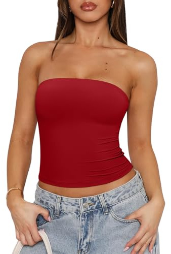 REORIA Damen Tube Top Sommer Bandeau Trägerloses Top Y2K Sexy Crop Top Rückenfrei Schulterfrei Tank Top Elegant Ärmellose Oberteile Rot XS