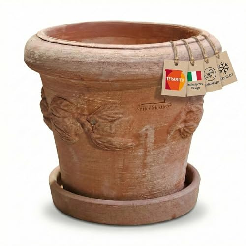 Teramico Pflanzgefäß Blumentopf Italienisches Terracotta Conca LIMONI mit Teller/Untersetzer für den Innen- und Außenbereich (25cm)