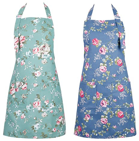 Gaosaili 2 Stück Kochschürze Damen Schürze mit großen Taschen, küchenschürze Damen Kochen, Küche, Backen, weich, langlebig, Blumenschürze für Gartenarbeit