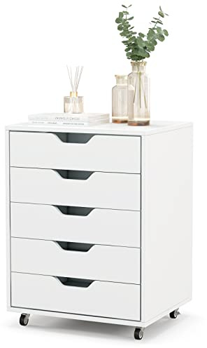 COSTWAY Rollcontainer mit 5 Schubladen, mobiler Aktenschrank mit Rädern, Bürocontainer Schubladenschrank Rollschrank Rollwagen, Schubladenkommode für Zuhause Büro (Weiß)