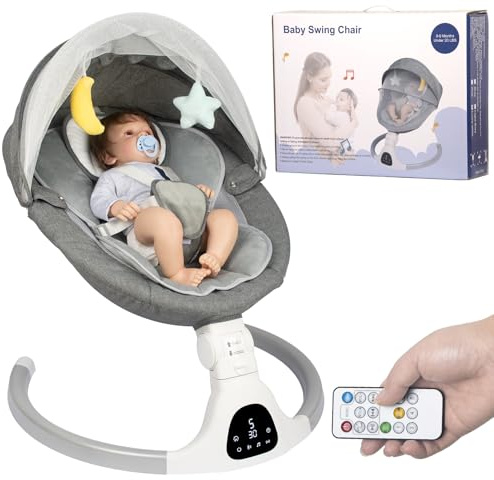 Elektrische Babywippe für Säuglinge bis 9 kg, klappbar, mit Fernbedienung & Bluetooth, Timer-Funktion, 5 Schaukelgeschwindigkeiten, 3 Sitzpositionen (Grau)
