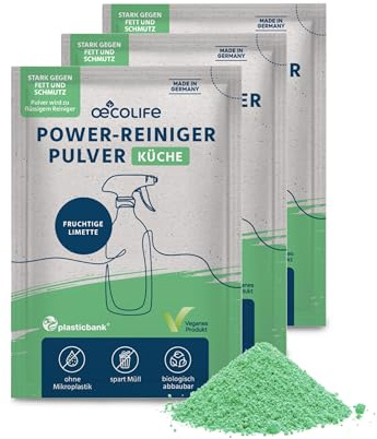 œcolife Küchenreiniger Pulver, Refill Set für 3x 500ml, Fettlöser | Effektives Reinigungspulver gegen Fett & Starkschmutz für Arbeitsplatten & Küche, plastikfrei verpacktes Reiniger Konzentrat