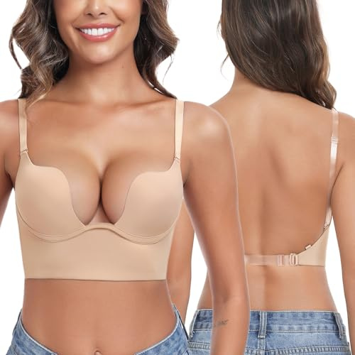 Lemorosy Damen Rückenfrei BH Tief U-Ausschnitt Push Up Bra mit Bügel Niedrigem Rücken Multiway-Träger (Beige,80A)