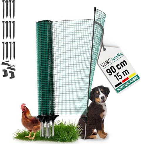 VOSS.farming Begrenzungszaun Classic ohne Strom, 15m, 90cm, 9 Pfähle, 1 Spitze, grün, Kleintiernetz, mobiler Zaun, Gartenzaun, für Garten, Haus, Hof