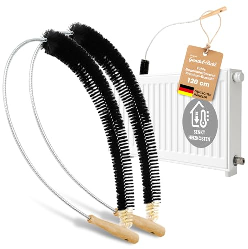 Gundel-Putz 2X Heizkörperbürsten 120cm mit Ziegenhaar Borsten für Heizkörperreinigung - Heizungsbürste, Flachheizkörper, Rippenheizkörper - Reinigungsbürste mit Edelstahldraht & Kunststoffummantelung