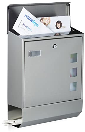 Relaxdays Briefkasten Edelstahl mit Zeitungsfach, Namensschild, Sichtfenster, HxBxT: 42 x 35 x 12,5 cm, Design, silber